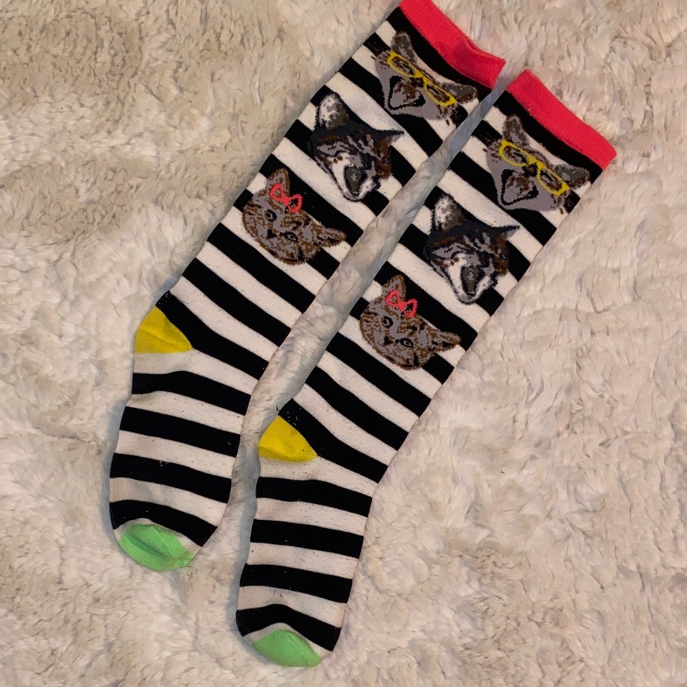 Black & White Striped Novelty Knee-High Cat Socks
